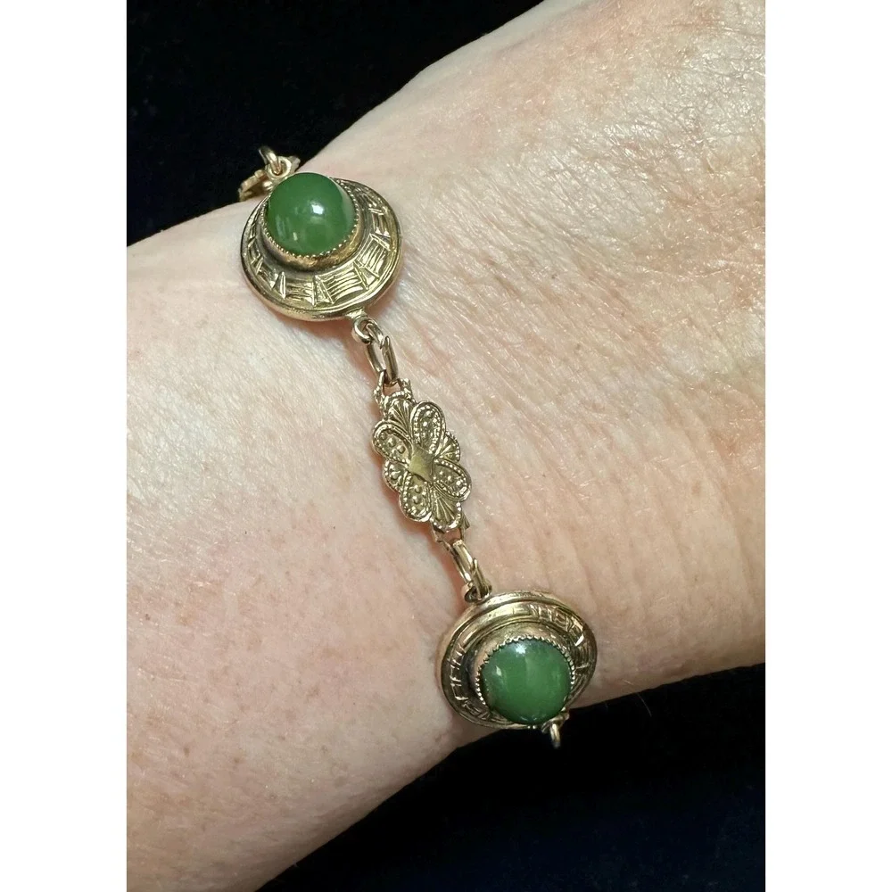 Vintage Sentiment 14k GF & Jade Bracelet 7.25